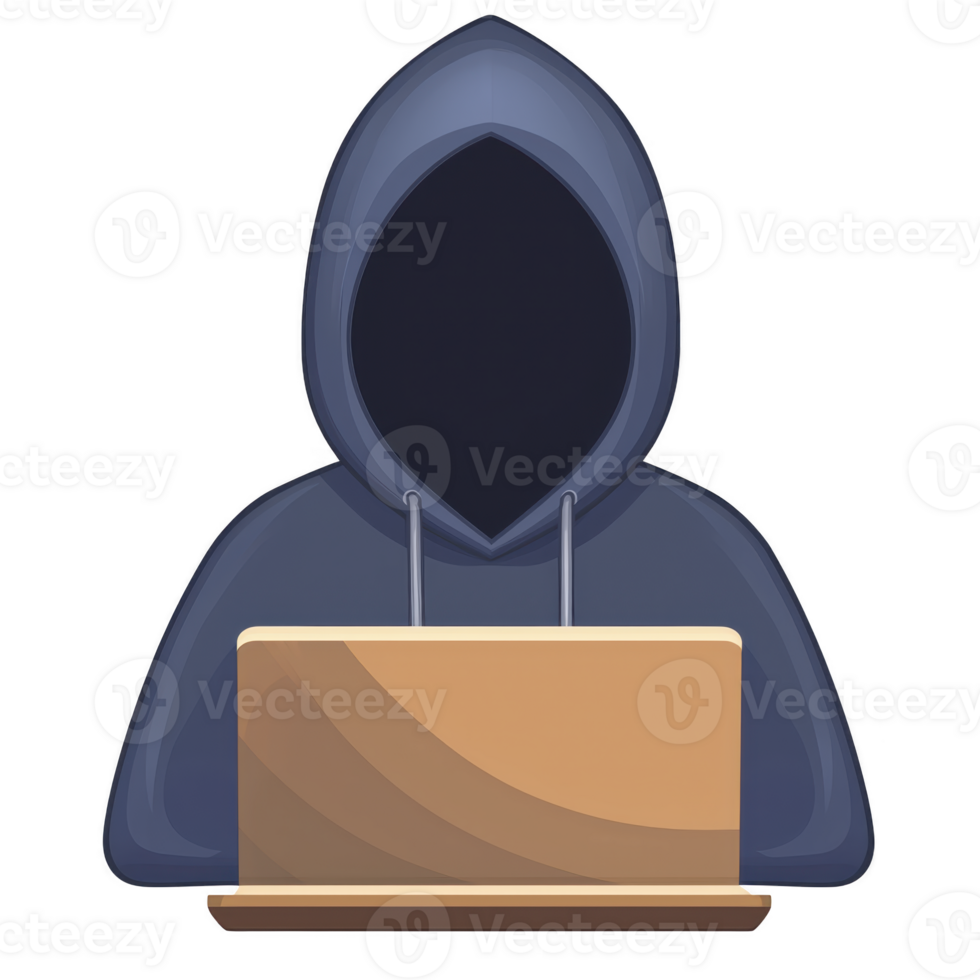 A mysterious figure in dark hoodie sits at laptop, symbolizing anonymity and cybersecurity. faceless character evokes intrigue and caution, representing online privacy concerns png