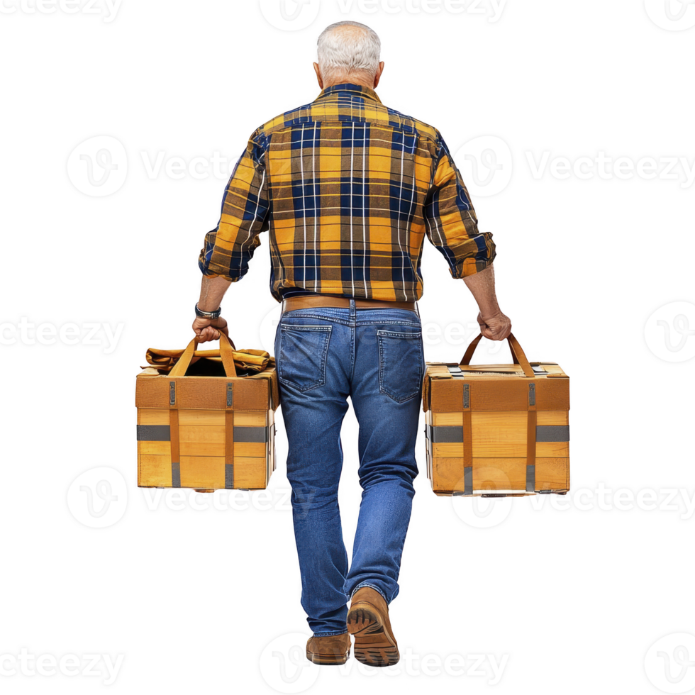 A man in plaid shirt and jeans carries two wooden crates, walking away. image conveys sense of determination and hard work png