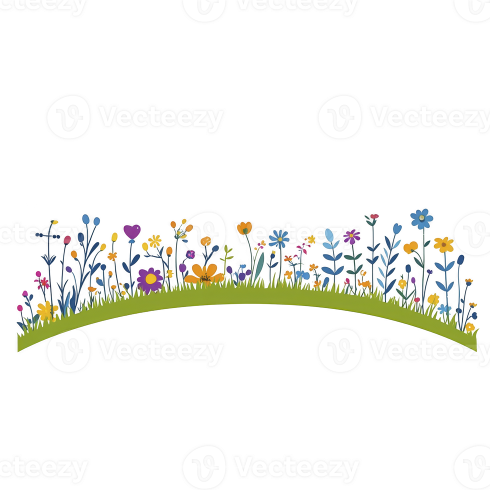 A colorful array of wildflowers various shapes and sizes is arranged gentle arc, set against transparent background. vibrant flowers, including daisies and poppies, create lively and cheerful scene png