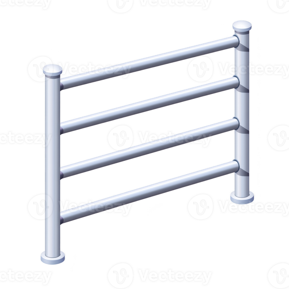A simple, metallic railing with four horizontal bars and two vertical posts, designed for safety and support, is depicted in clean, minimalist style png