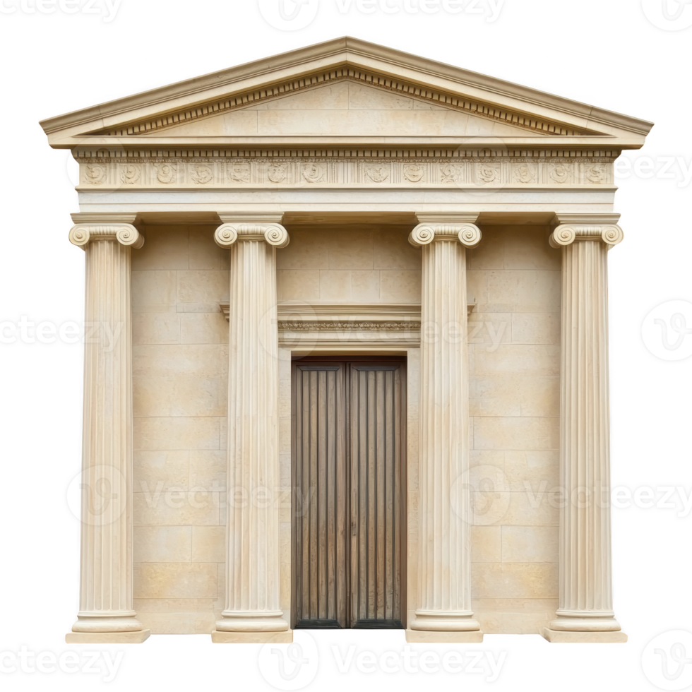 A classical Greek style building facade with four Ionic columns and triangular pediment, featuring intricate stone carvings and wooden door, evokes sense of historical grandeur png