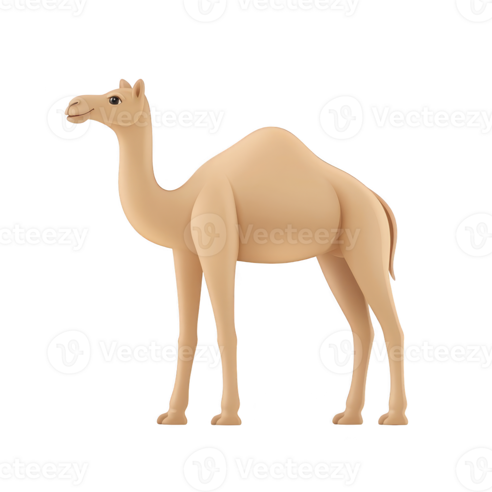 A 3D illustration of camel standing with neutral expression, showcasing its distinctive hump and long legs. camel is depicted in simple, stylized manner with smooth texture png