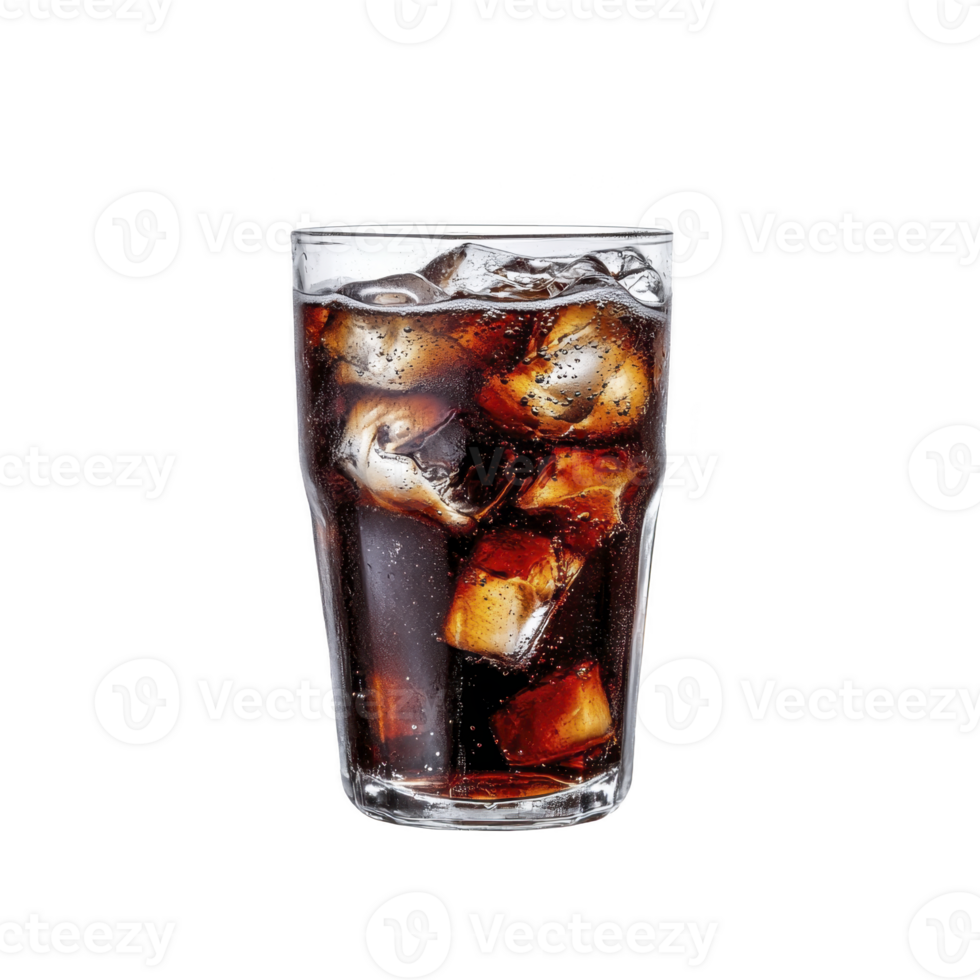 A refreshing glass of iced with ice cubes floating, showcasing fizzy bubbles and dark color of beverage. Perfect for hot day or as thirst quenching drink png