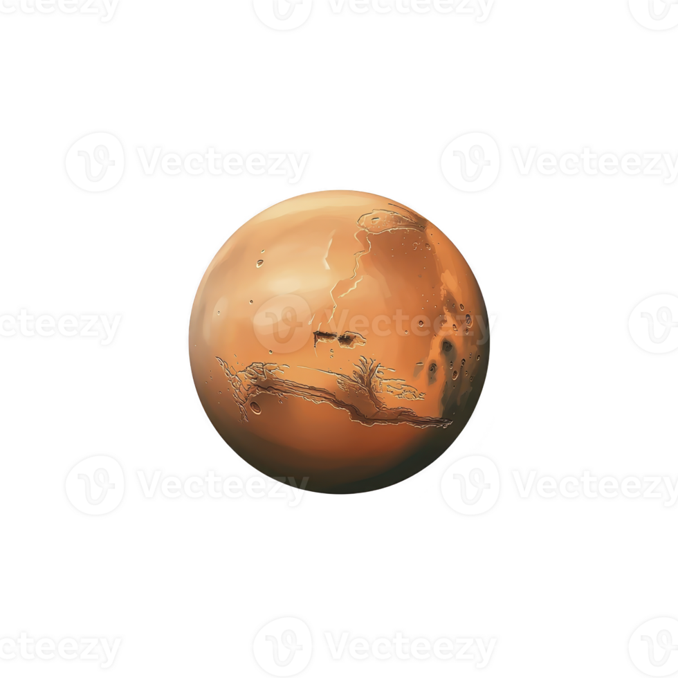A This depicts stylized illustration of planet resembling Mars, showcasing its reddish surface and distinct features like craters and valleys. artistic representation captures essence of Martian png