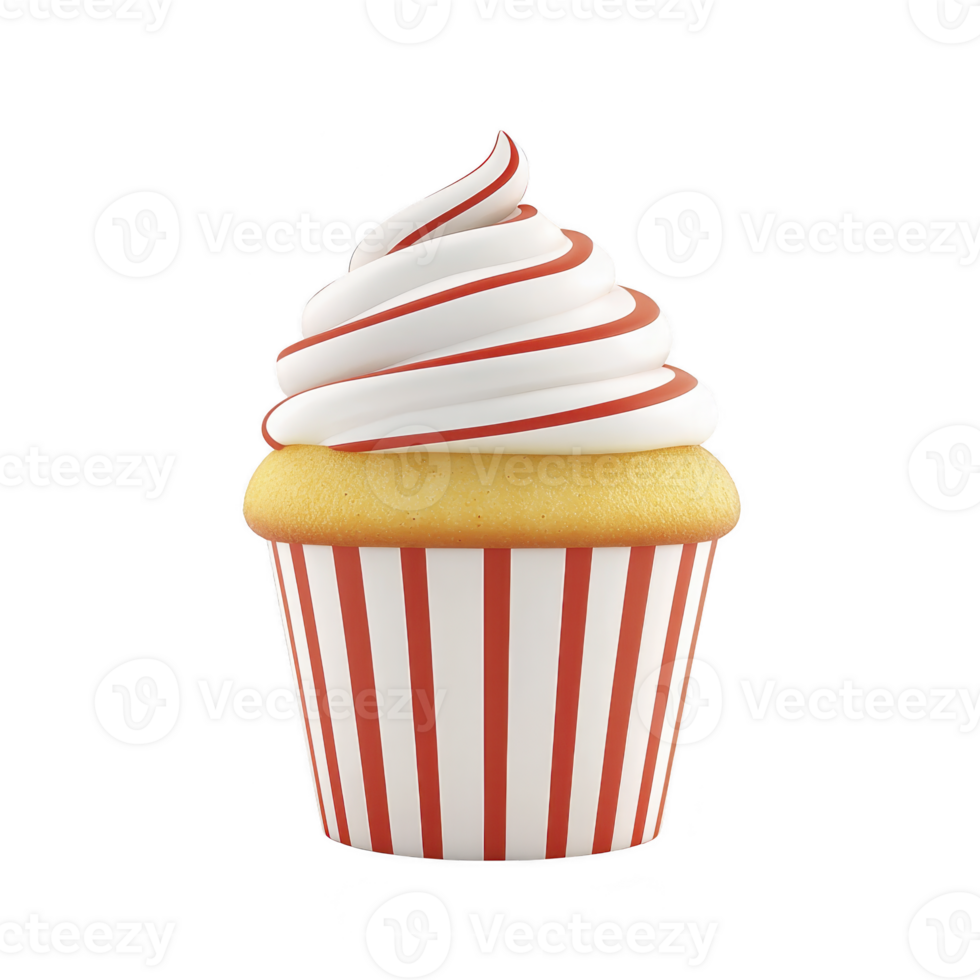 A delicious vanilla cupcake with swirled white and red frosting sits in striped wrapper, creating festive and inviting treat png