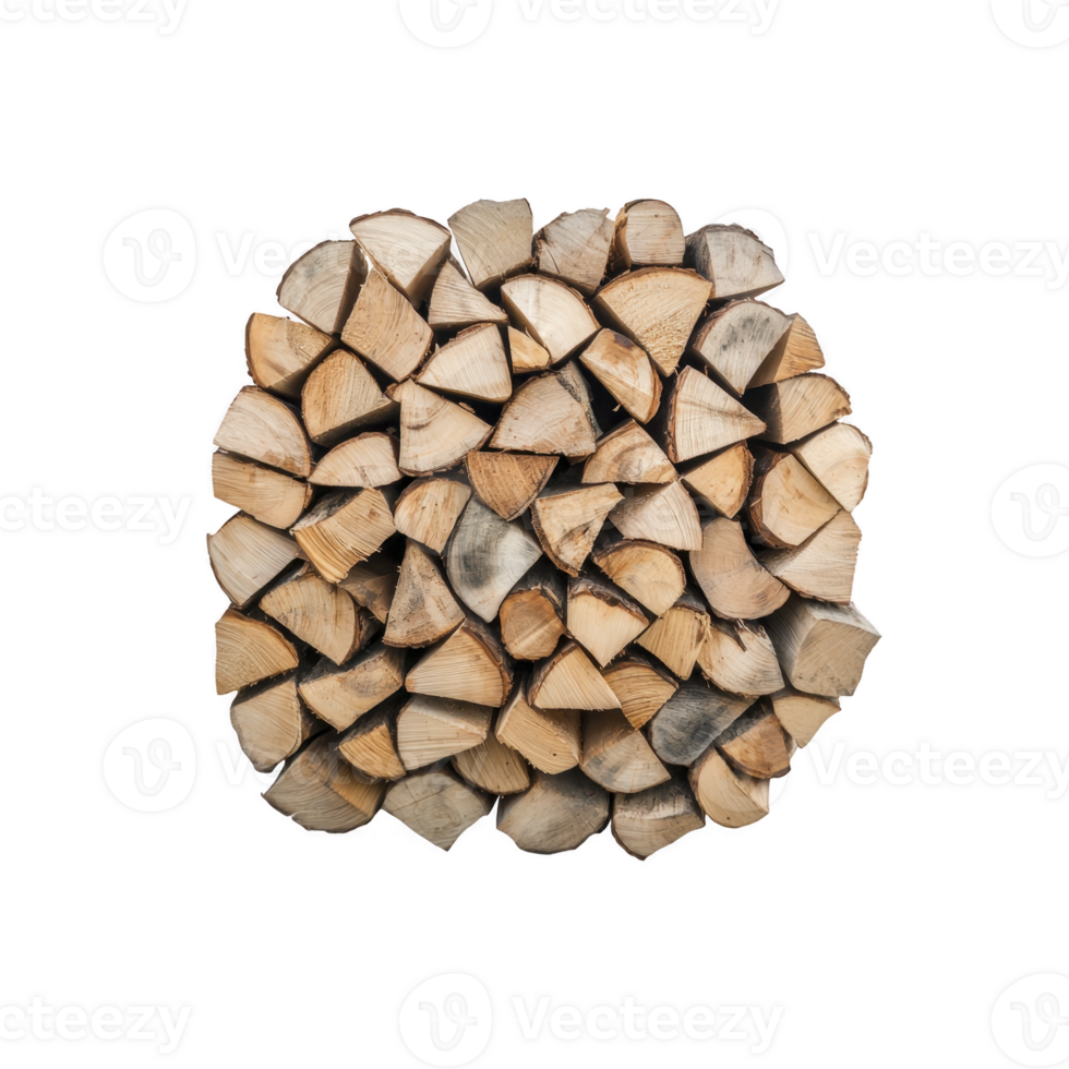 A neatly stacked pile of chopped firewood arranged in circular pattern against plain background, showcasing natural texture and color of wood png
