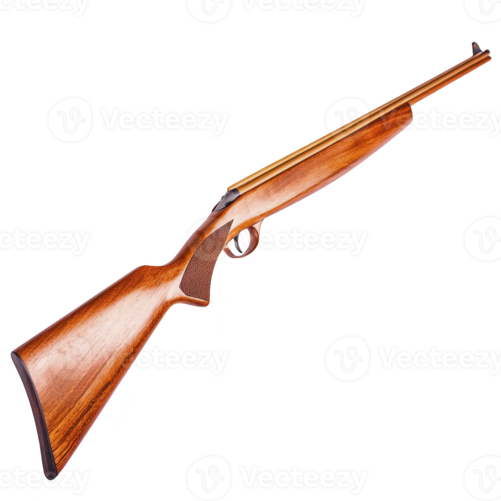 A wooden hunting rifle with polished finish and sleek design, featuring long barrel and ergonomic stock, isolated on transparency background png