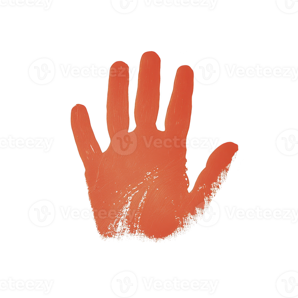 A red handprint on transparency background symbolizes creativity and expression. vivid color contrasts with dark backdrop, highlighting hand texture and detail png