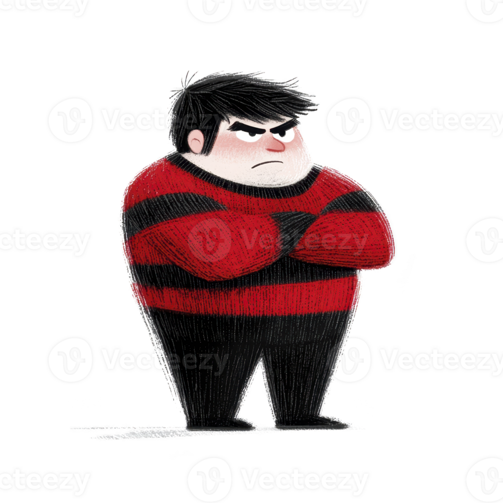 A cartoon character with angry expression stands with arms crossed, wearing red and black striped sweater and black pants. character has dark hair and grumpy demeanor png