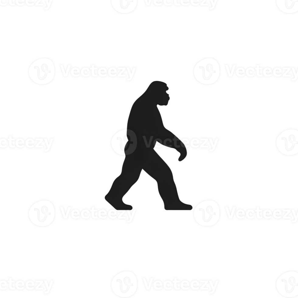 A silhouette of large, bipedal creature resembling mythical figure, often associated with mystery and folklore, walking in profile against plain background png