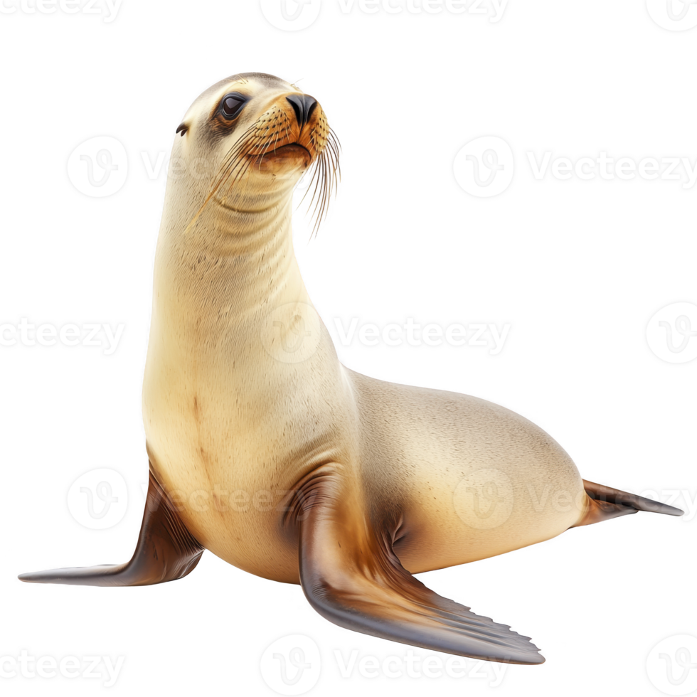 A sea lion sits on transparency background, showcasing its sleek body and whiskered face. animal smooth fur and curious expression are highlighted in this isolated image png