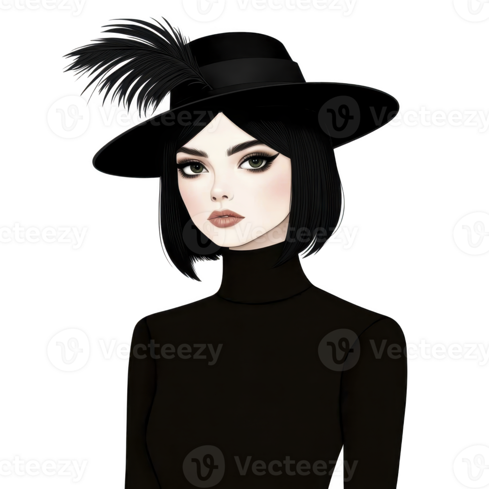 A stylish illustration of woman in black outfit and hat with feather, exuding elegance and sophistication. monochrome theme highlights her striking makeup and poised expression png