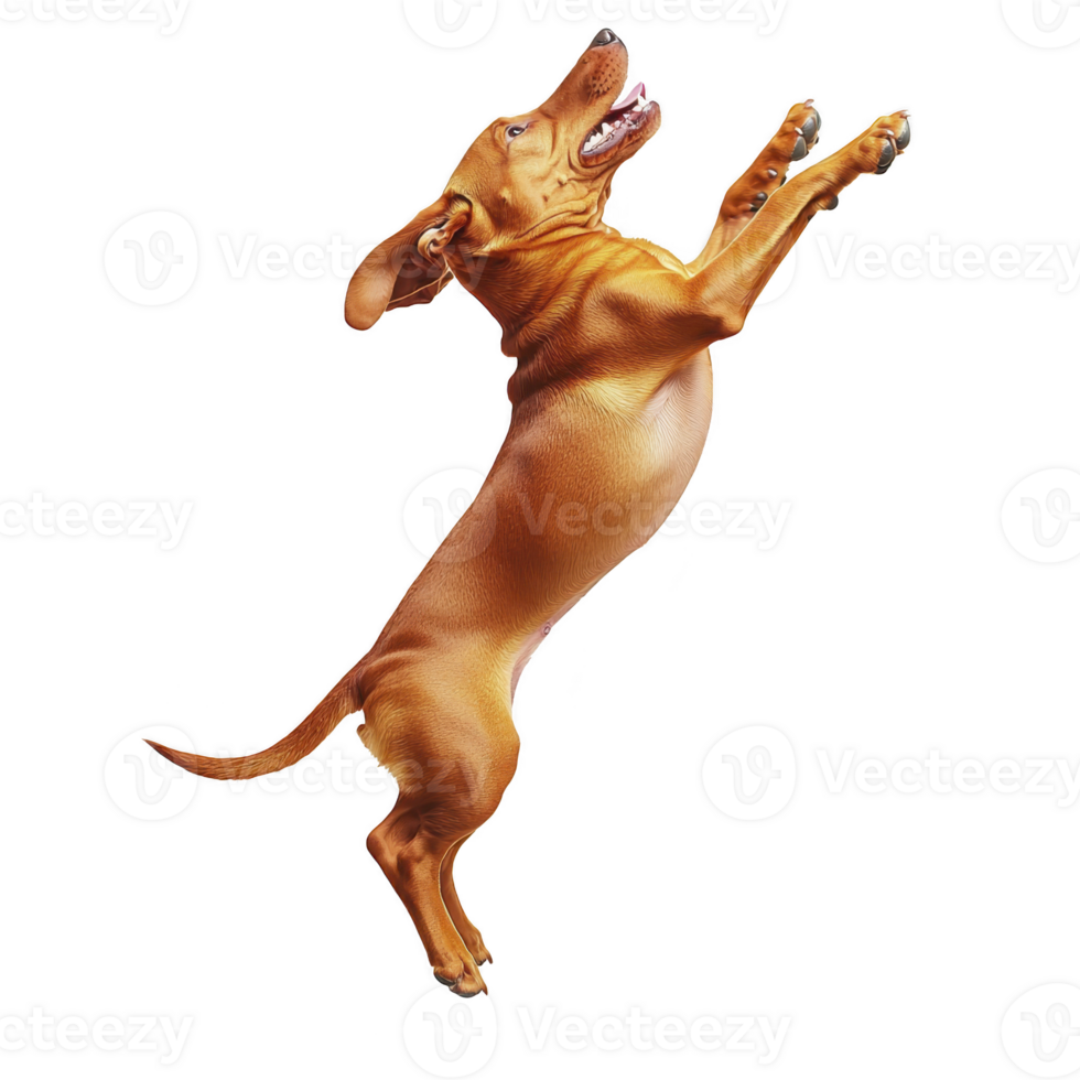 A playful brown dachshund joyfully jumps in air, showcasing its energetic and lively nature. dog ears are flapping, and its body is fully extended, capturing moment of excitement and agility png
