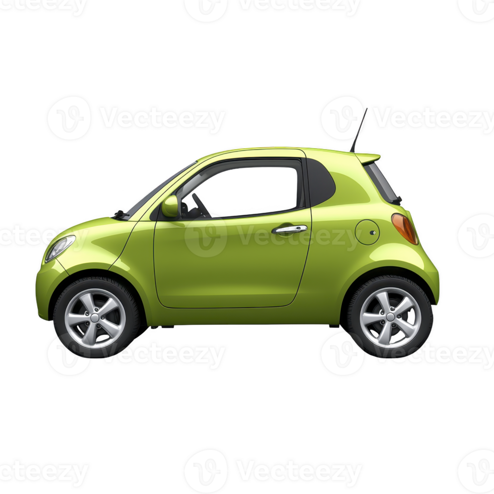 A vibrant green compact car with sleek design, featuring two doors and modern alloy wheels, perfect for urban driving. car small size and stylish appearance make it ideal for city life png