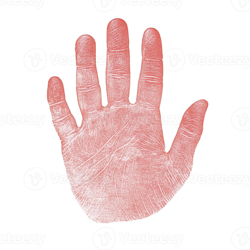 A detailed illustration of human handprint with visible lines and creases, set against transparent background. handprint is depicted in reddish hue, emphasizing its texture and unique patterns png