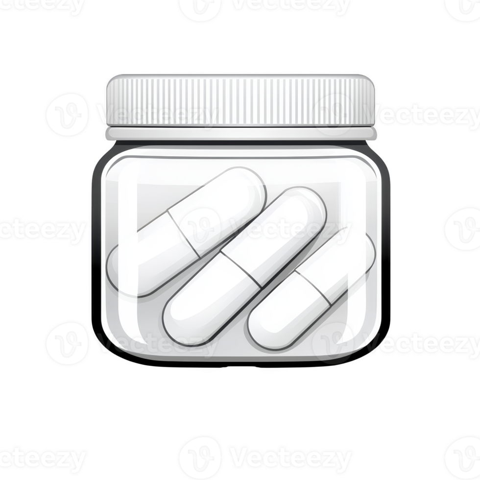 A clear jar with white lid contains several large white capsules, suggesting focus on health or medication. simple design emphasizes contents png
