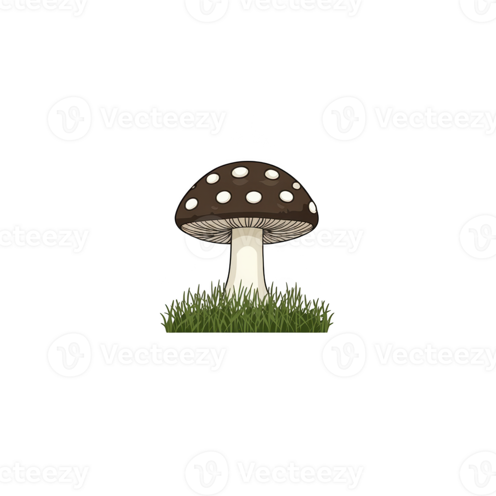 A brown mushroom with white spots stands on patch of green grass, showcasing its natural beauty and unique pattern. illustration captures essence of whimsical forest scene png
