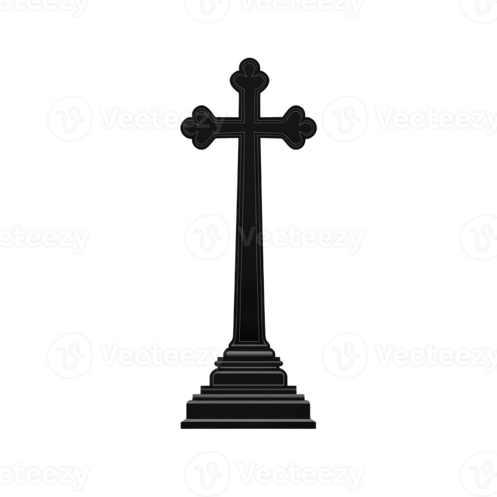A silhouette of cross stands prominently on stepped base, symbolizing faith and spirituality. design is simple yet impactful, evoking sense of reverence and solemnity png
