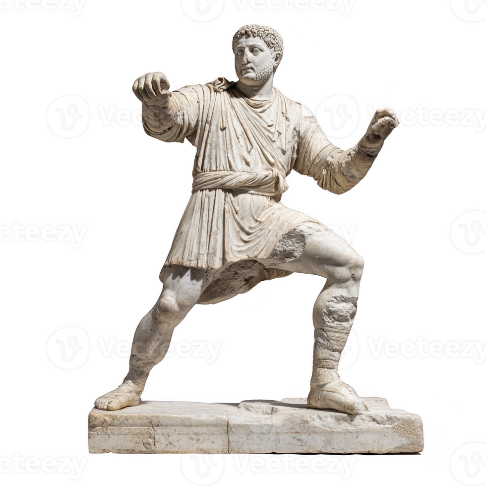 A marble statue of bearded man in dynamic pose, wearing tunic and boots, stands on rectangular base. sculpture captures movement and strength, showcasing detailed craftsmanship png