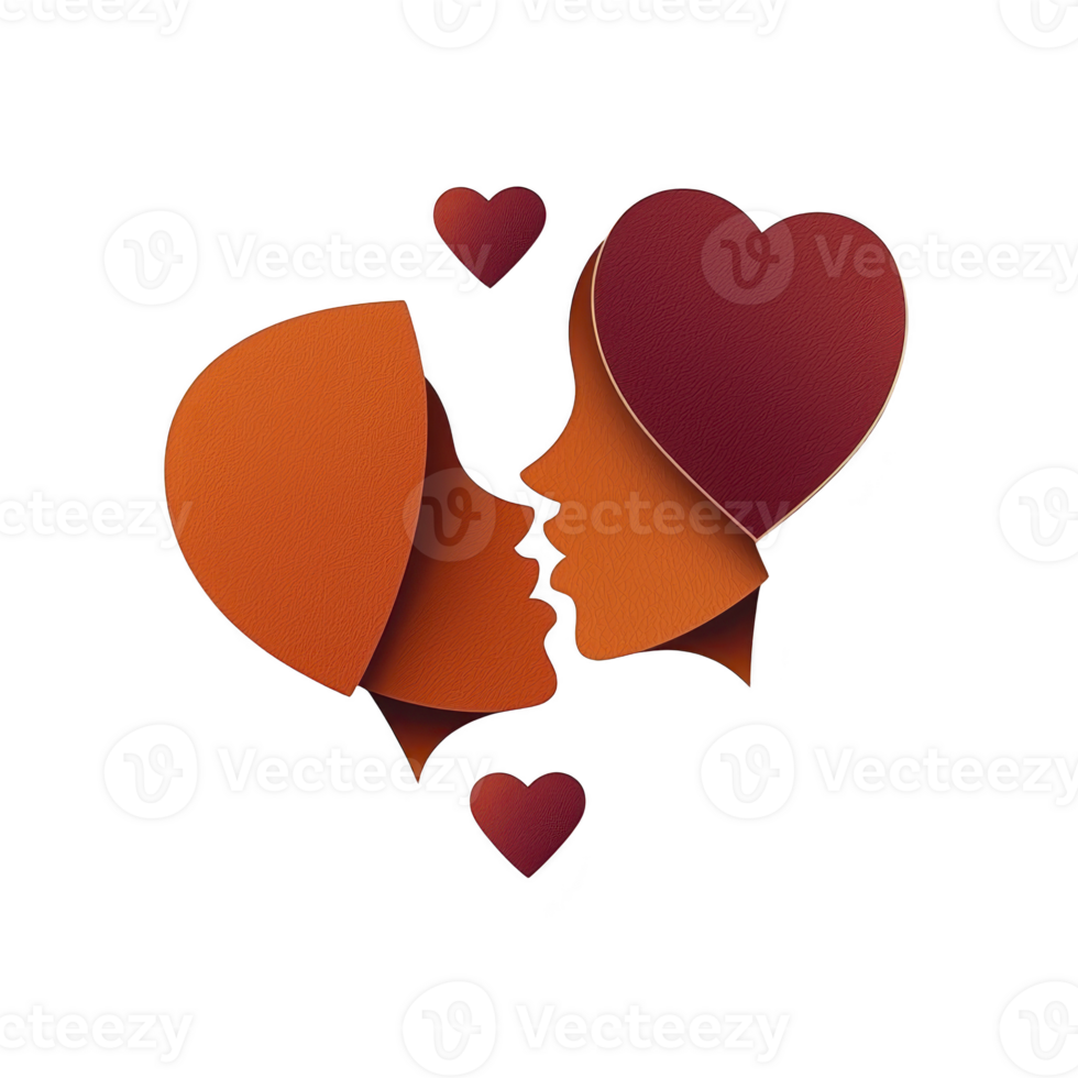 A Two abstract faces in profile, crafted from orange and red shapes, form heart as they lean in for kiss. design is surrounded by smaller heart shapes, conveying love and connection png