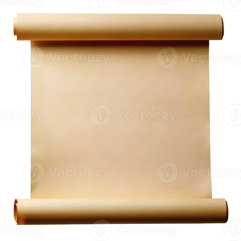 A blank parchment scroll with rolled edges, perfect for historical or vintage themed projects. aged paper texture adds authentic touch, ideal for calligraphy or artistic designs png