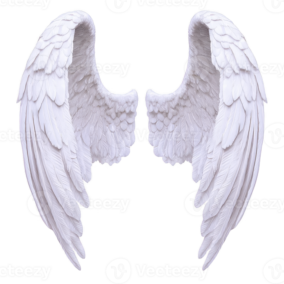 An Elegant white angel wings with detailed feathers, symbolizing purity and grace, isolated on transparency background. These wings evoke sense of serenity and ethereal beauty png