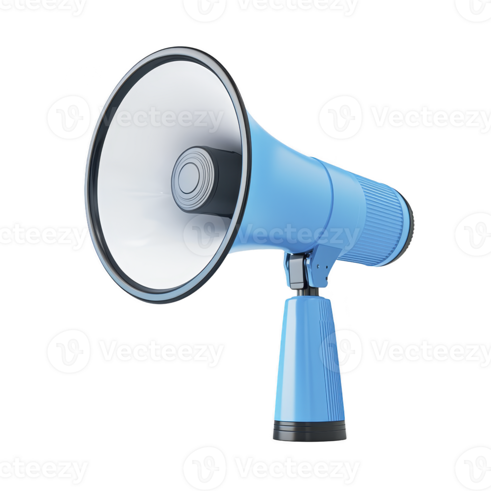 A blue megaphone with white speaker cone is depicted against plain background, showcasing its sleek design and functionality. image highlights megaphone potential for amplifying sound effectively png
