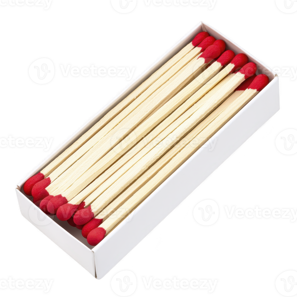 A box of wooden matches with red tips is neatly arranged, showcasing their uniformity and simplicity. white box contrasts with vibrant red, emphasizing matches practical design png