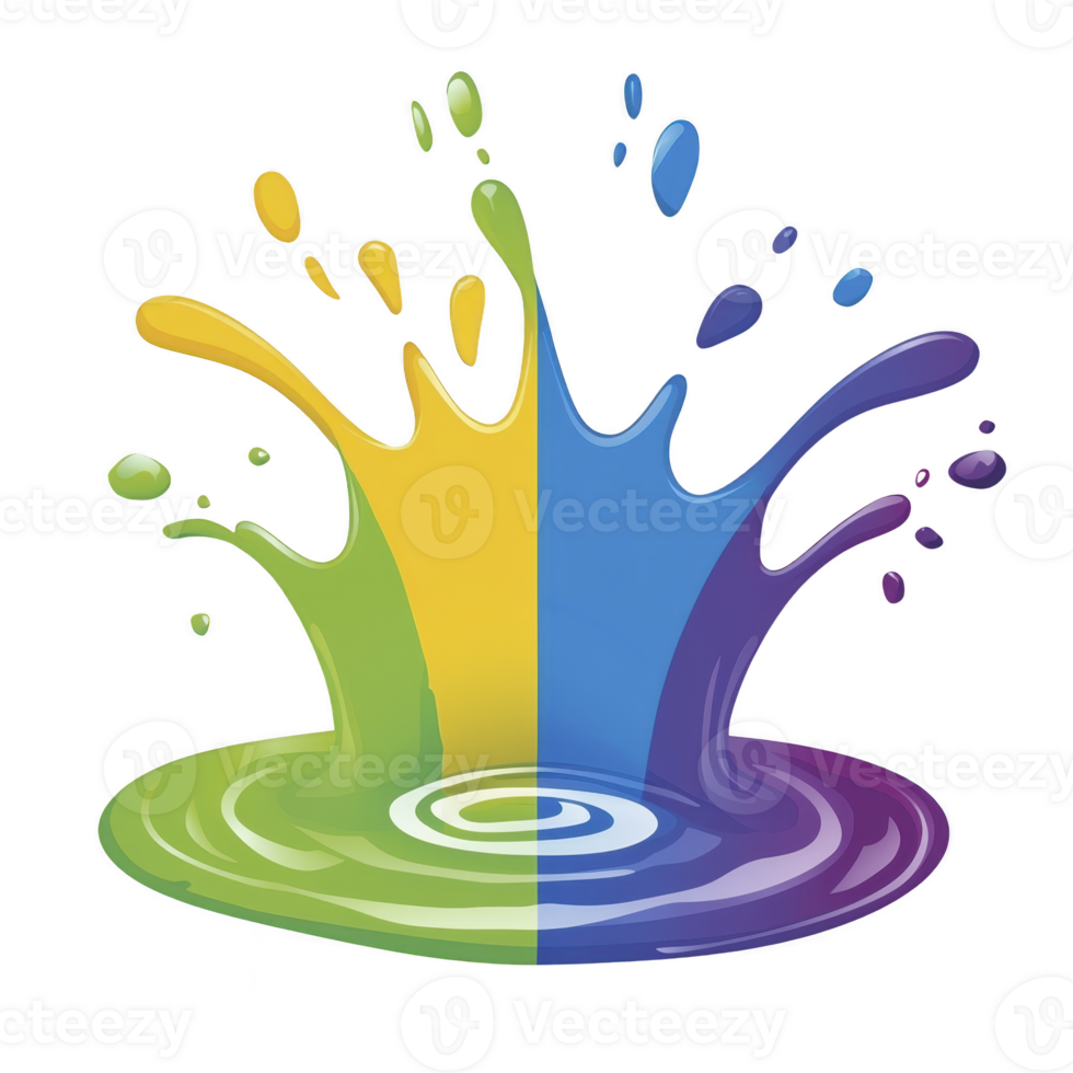 A vibrant splash of colorful paint creates dynamic and energetic visual, blending shades of green, yellow, blue, and purple in symmetrical design png