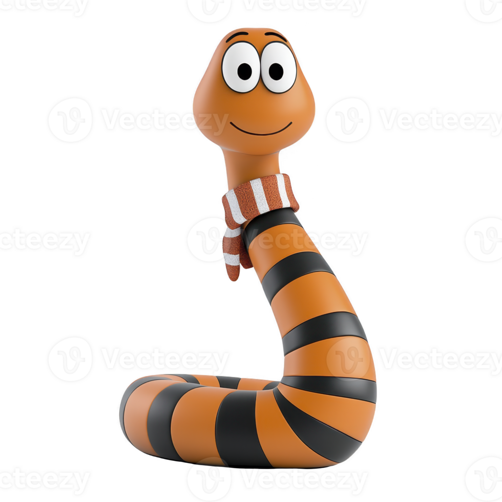 A cartoonish, smiling orange and black striped worm with large eyes and striped scarf exudes playful and whimsical vibe png