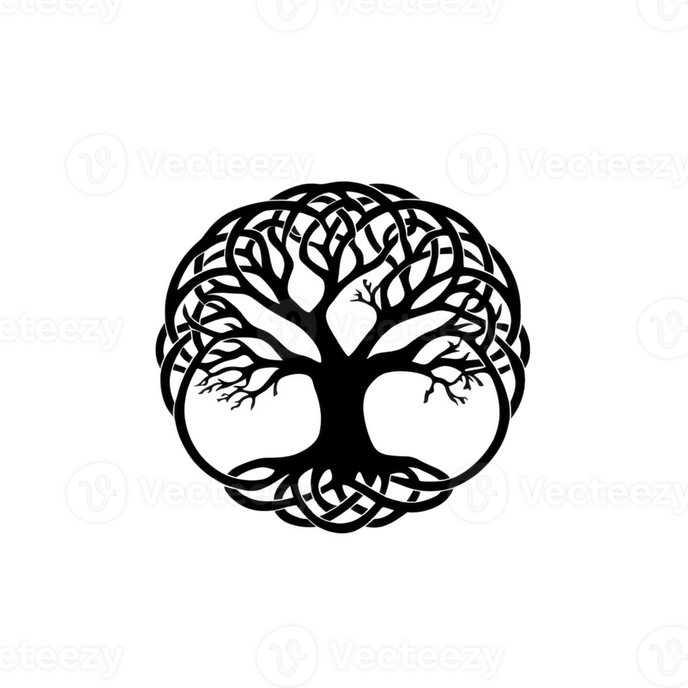 A detailed black tree of life design with intricate branches and roots forms circular pattern, symbolizing growth and connection. design is elegant and symmetrical, evoking sense of harmony png