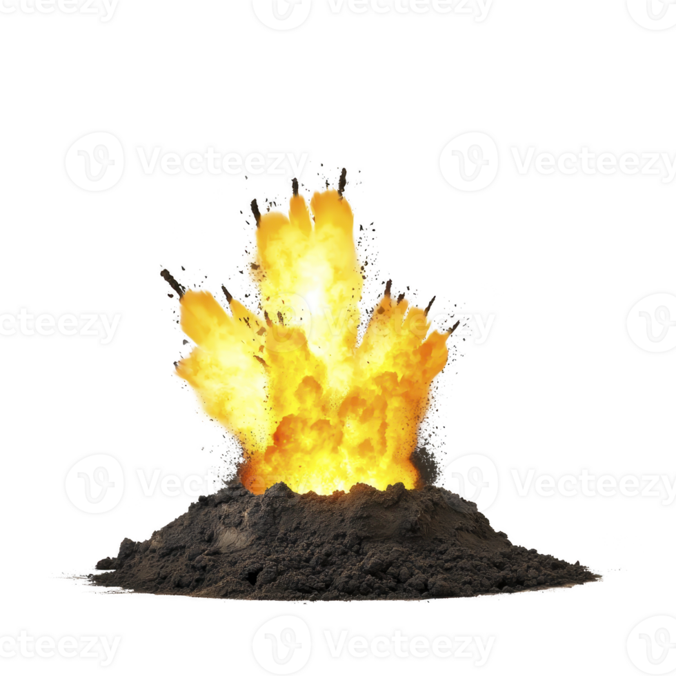 A fiery explosion erupts from mound of dark soil, with bright flames and smoke billowing upwards, creating dramatic and intense scene png