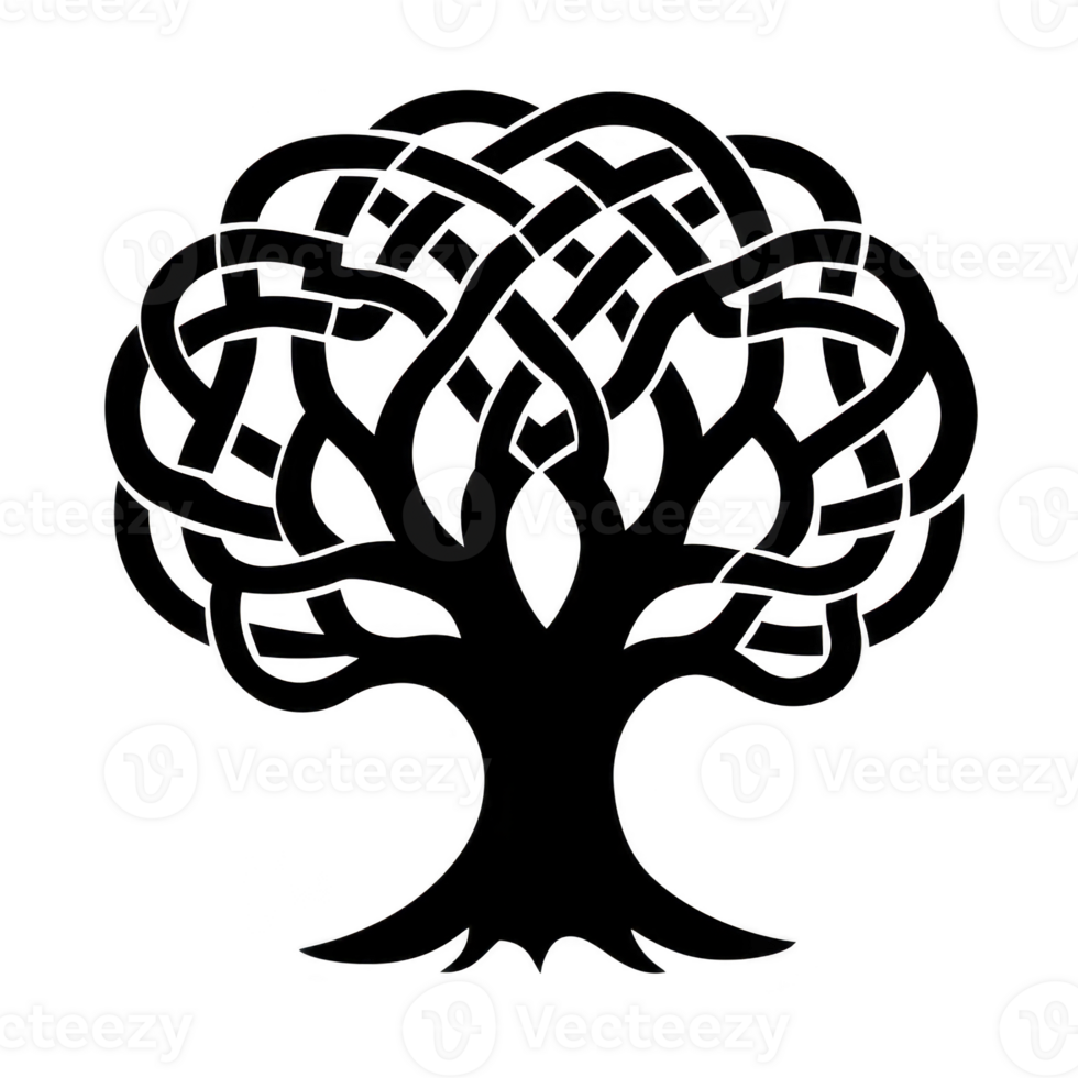 A stylized tree design with intricate, interwoven branches and roots, resembling Celtic knotwork. symmetrical pattern creates sense of harmony and balance, often symbolizing growth and connection png