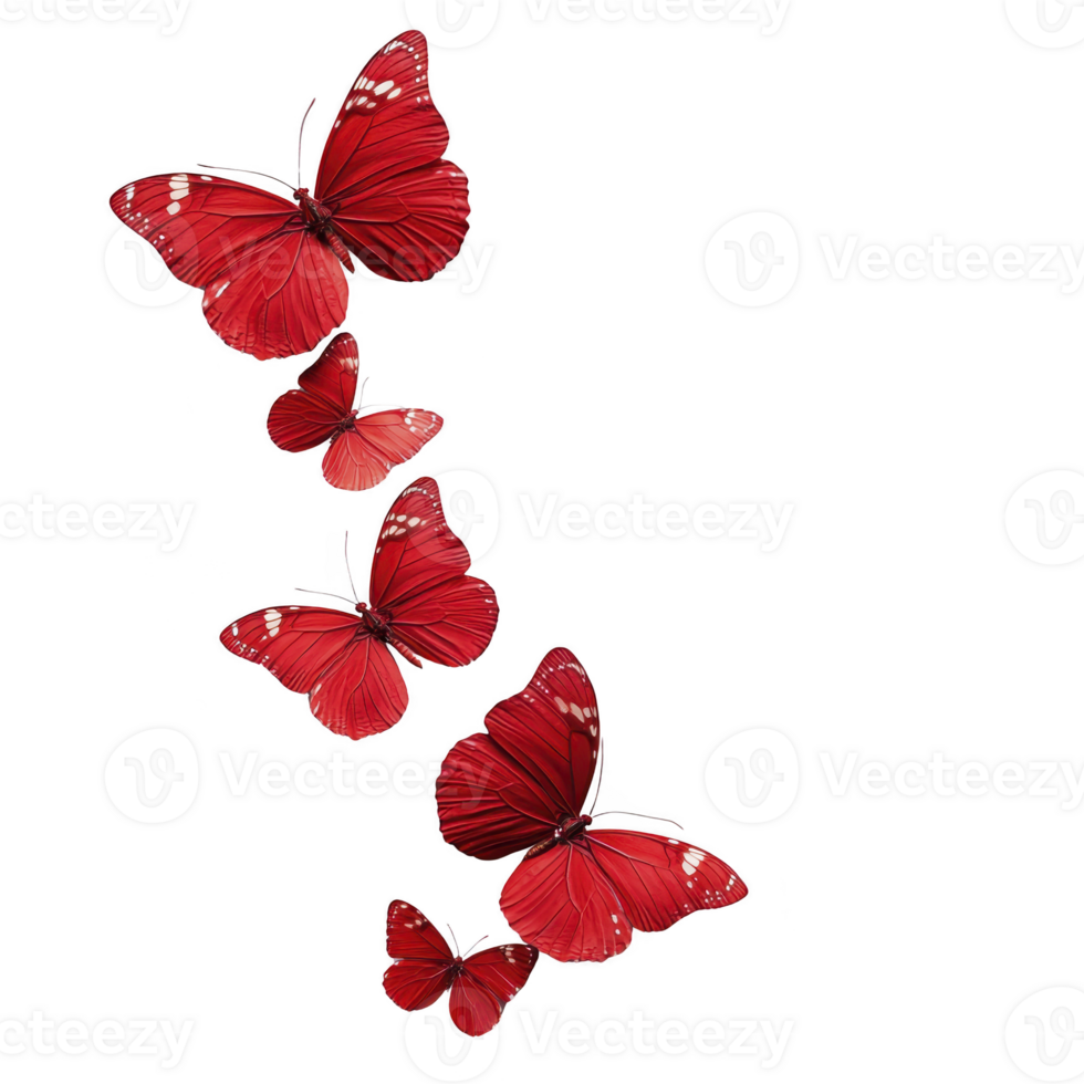 A Five vibrant red butterflies with delicate white spots gracefully flutter against transparency background, creating striking contrast and sense of movement png