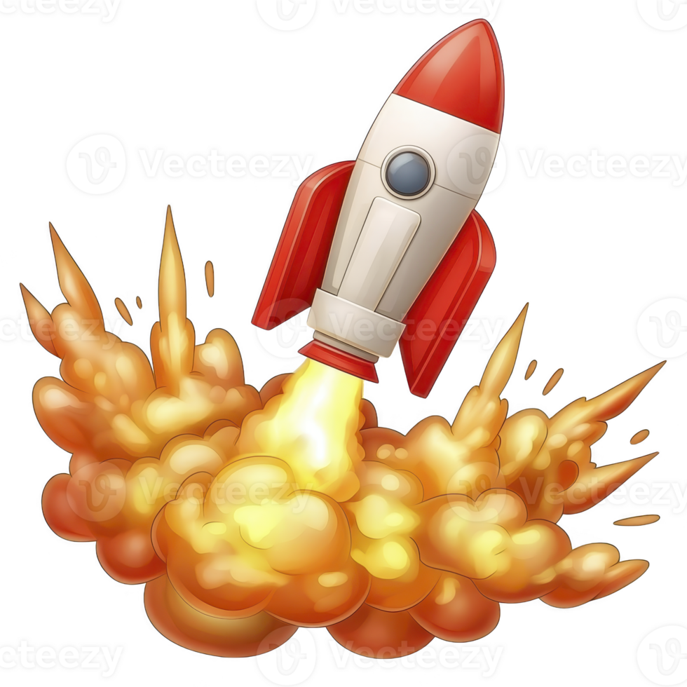 A vibrant cartoon rocket launches with fiery orange flames and smoke, symbolizing excitement and adventure. red and white design adds playful touch to dynamic scene png