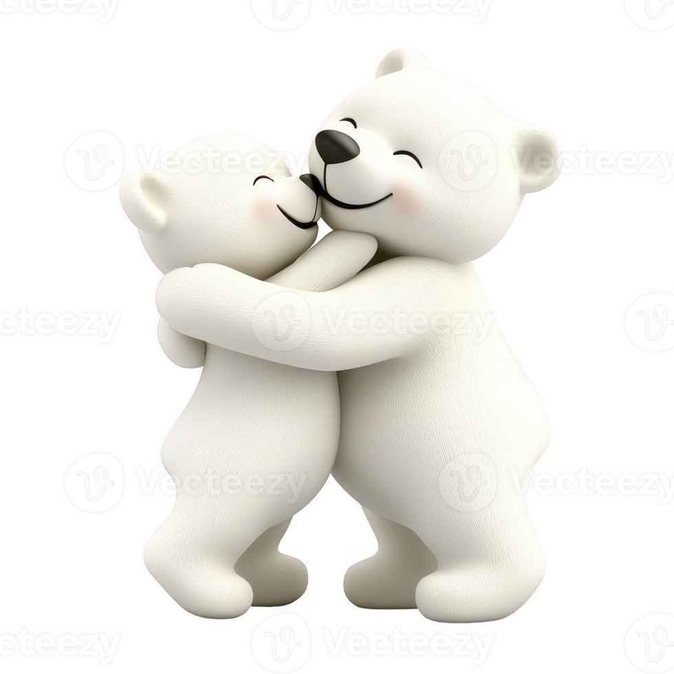 A Two adorable cartoon polar bears are joyfully hugging each other, expressing warmth and affection. Their playful and cute interaction brings sense of happiness and love png