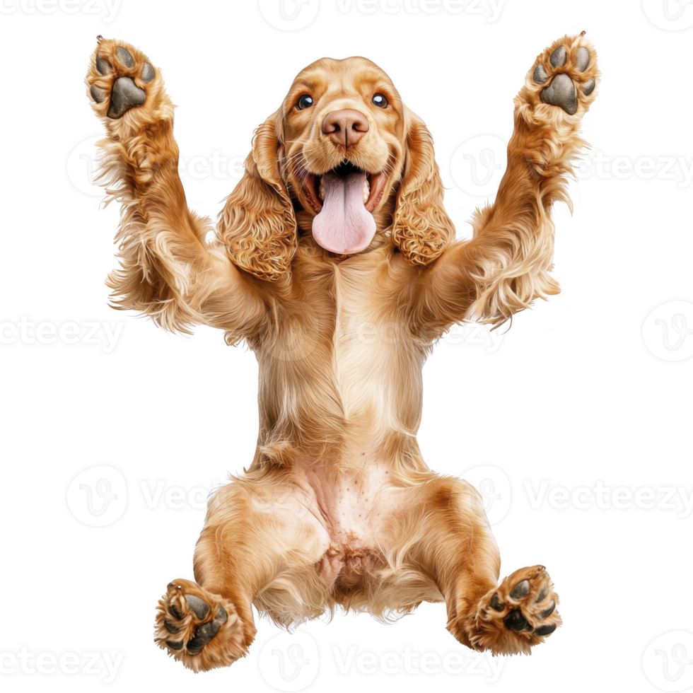 A joyful Cocker Spaniel with golden fur sits upright, paws raised playfully, and tongue out, exuding happiness and energy. dog expressive eyes and floppy ears add to its charm png