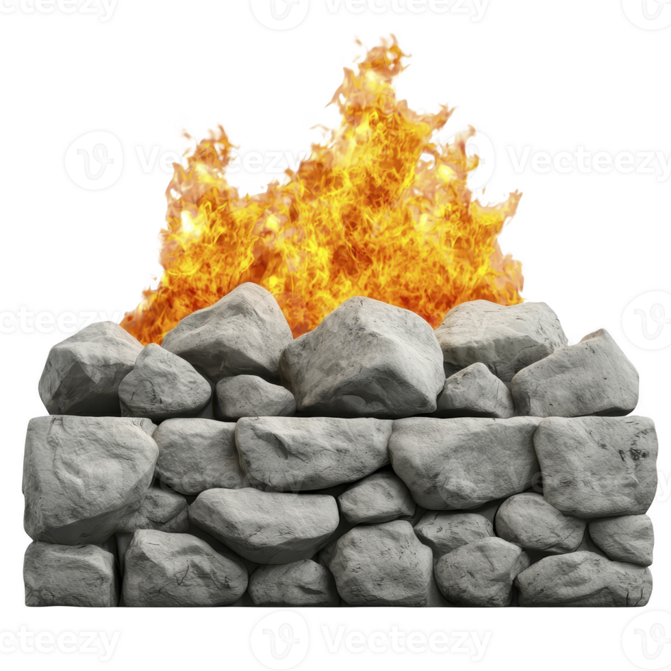 A blazing fire burns atop sturdy stone wall, creating striking contrast between vibrant flames and solid, gray rocks. scene evokes sense of warmth and intensity png