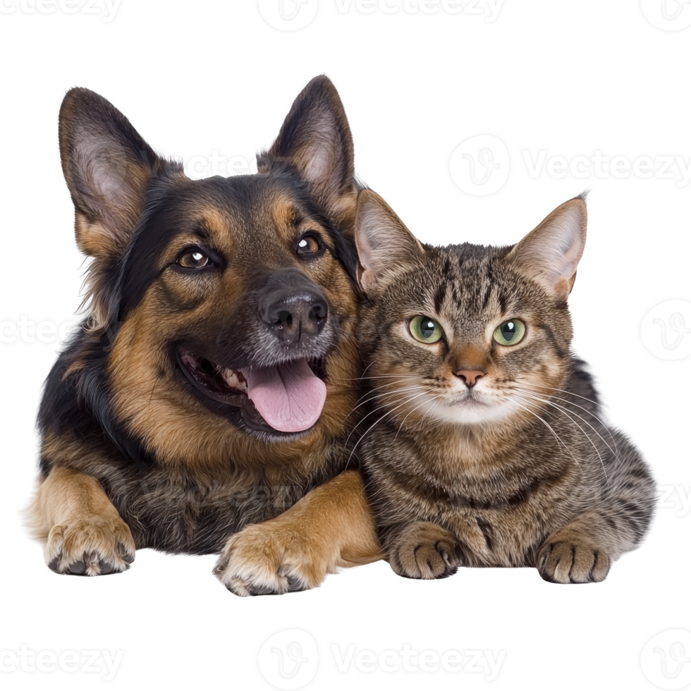 A happy German Shepherd dog and tabby cat are lying close together, showcasing their friendship. dog has its tongue out, while cat looks calmly at camera png