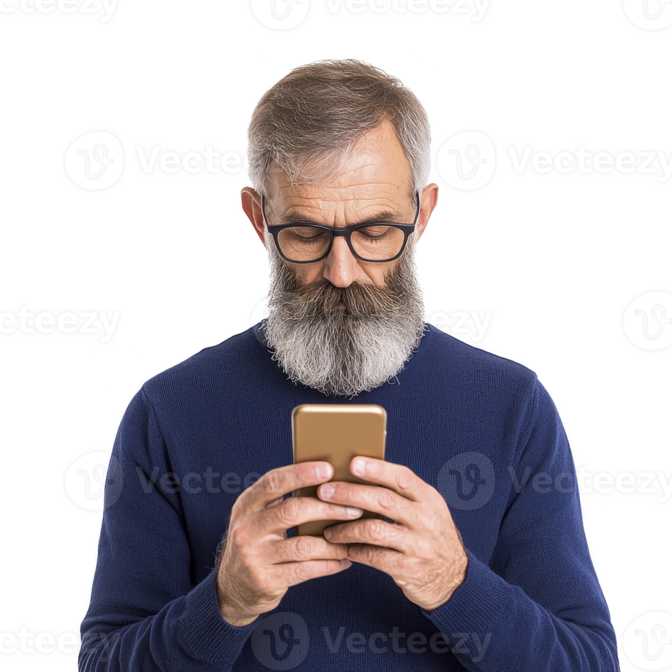 A bearded man with glasses is focused on his smartphone, wearing blue sweater. image conveys concentration and modern technology use png