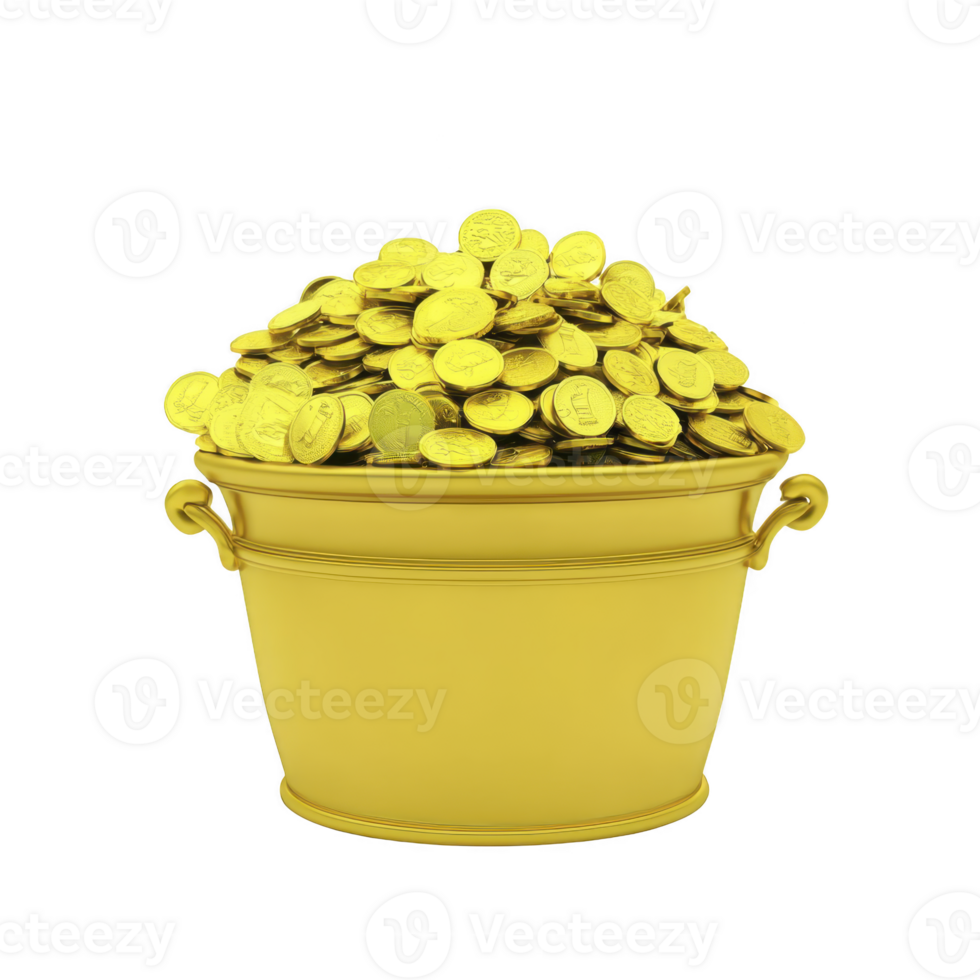 A golden bucket overflowing with shiny coins symbolizes wealth and prosperity. image conveys sense of abundance and financial success, with bright gold color enhancing luxurious feel png