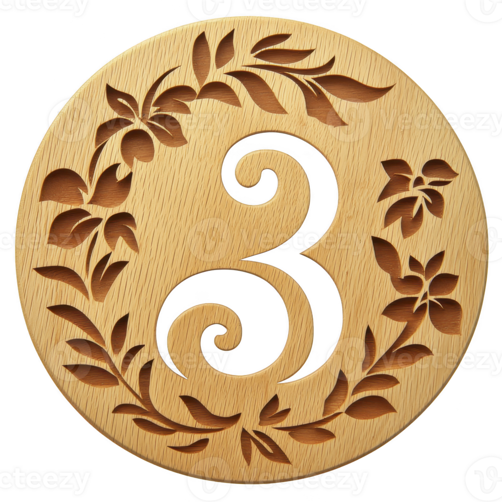 A wooden circular plaque features intricately carved number three, surrounded by floral patterns and leaves, showcasing craftsmanship and elegance png