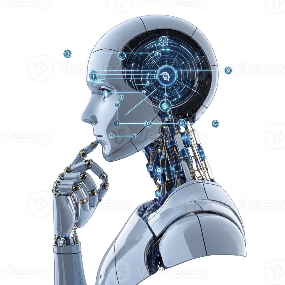 A futuristic humanoid robot with transparent head displays intricate circuitry and glowing blue elements, symbolizing advanced artificial intelligence and technology png