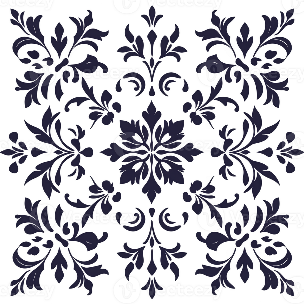 An intricate dark floral pattern with symmetrical design elements creates classic and elegant look, perfect for wallpaper or fabric. ornate details add touch of sophistication png