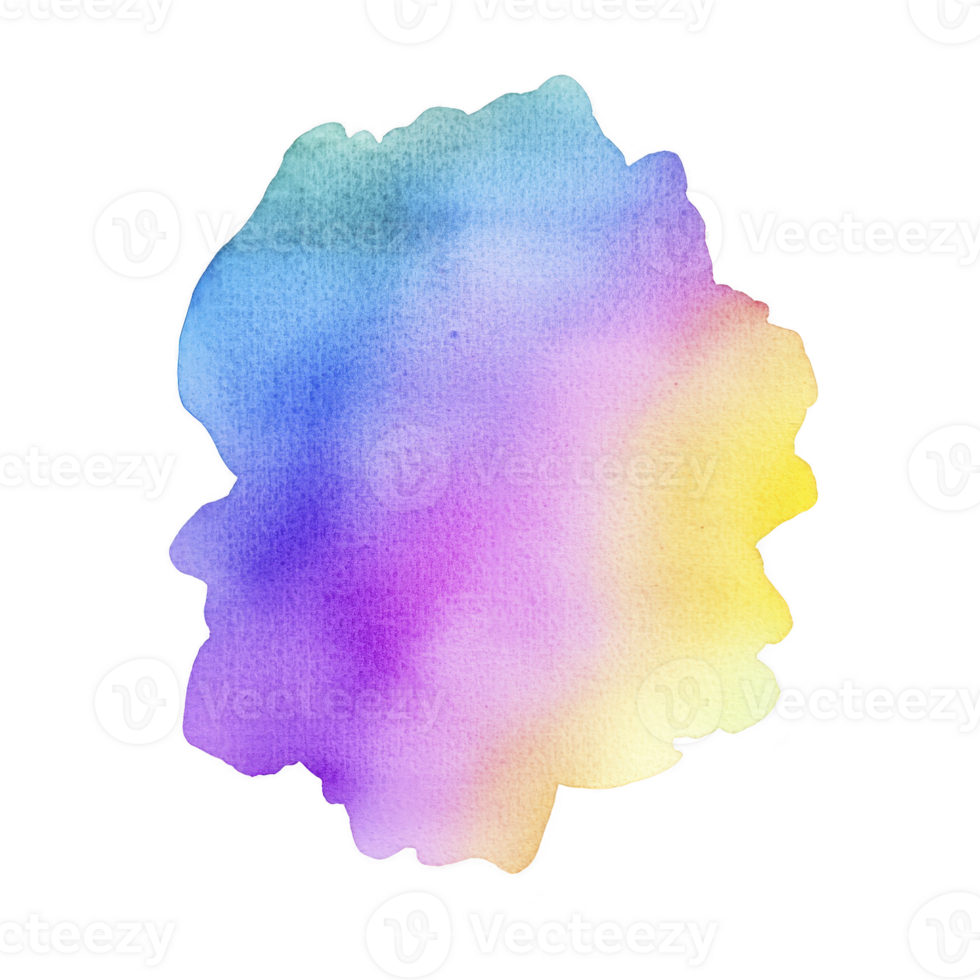 A vibrant watercolor splash blends blue, purple, pink, and yellow hues, creating soft, abstract shape with textured appearance. colors transition smoothly, evoking sense of calm and creativity png