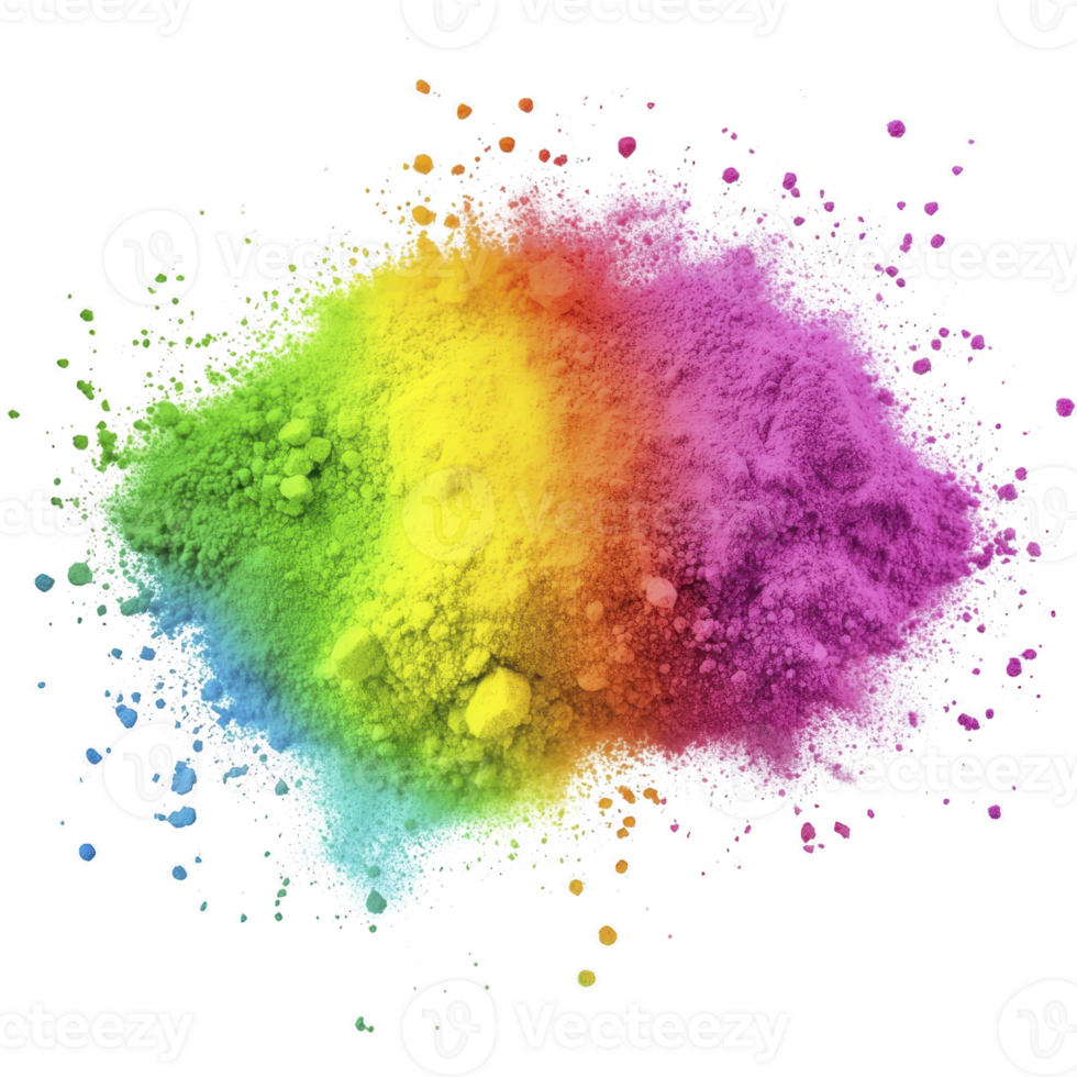 A vibrant explosion of colorful powder creates dynamic and energetic display, featuring spectrum of colors including blue, green, yellow, and pink. scattered particles add sense of motion png