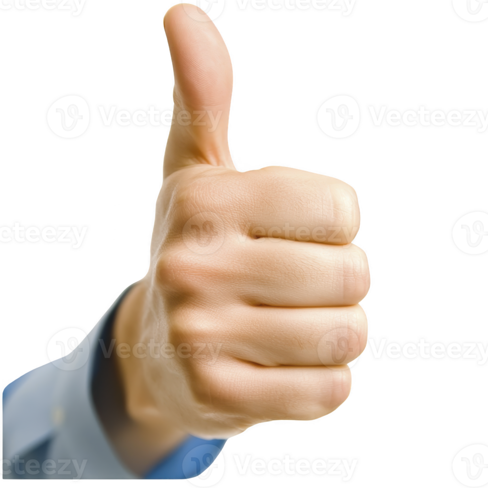 A close up of hand giving thumbs up gesture, symbolizing approval or agreement. hand is wearing blue sleeve, and background is plain, emphasizing positive gesture png