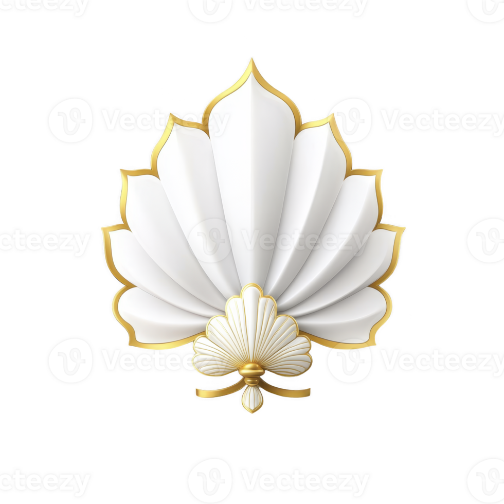 A decorative white and gold fan shaped ornament with elegant curves and intricate detailing, evoking sense of luxury and sophistication. design is symmetrical and visually striking png