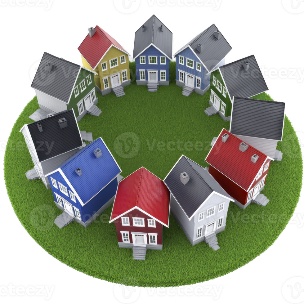 A circle of colorful, small model houses arranged on grassy surface, showcasing variety of architectural styles and vibrant roofs, creating playful and inviting scene png