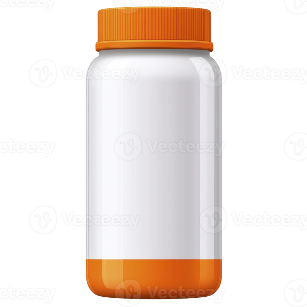 A white plastic bottle with orange cap and base, suitable for storing supplements or vitamins, stands against plain background. design is simple and functional png